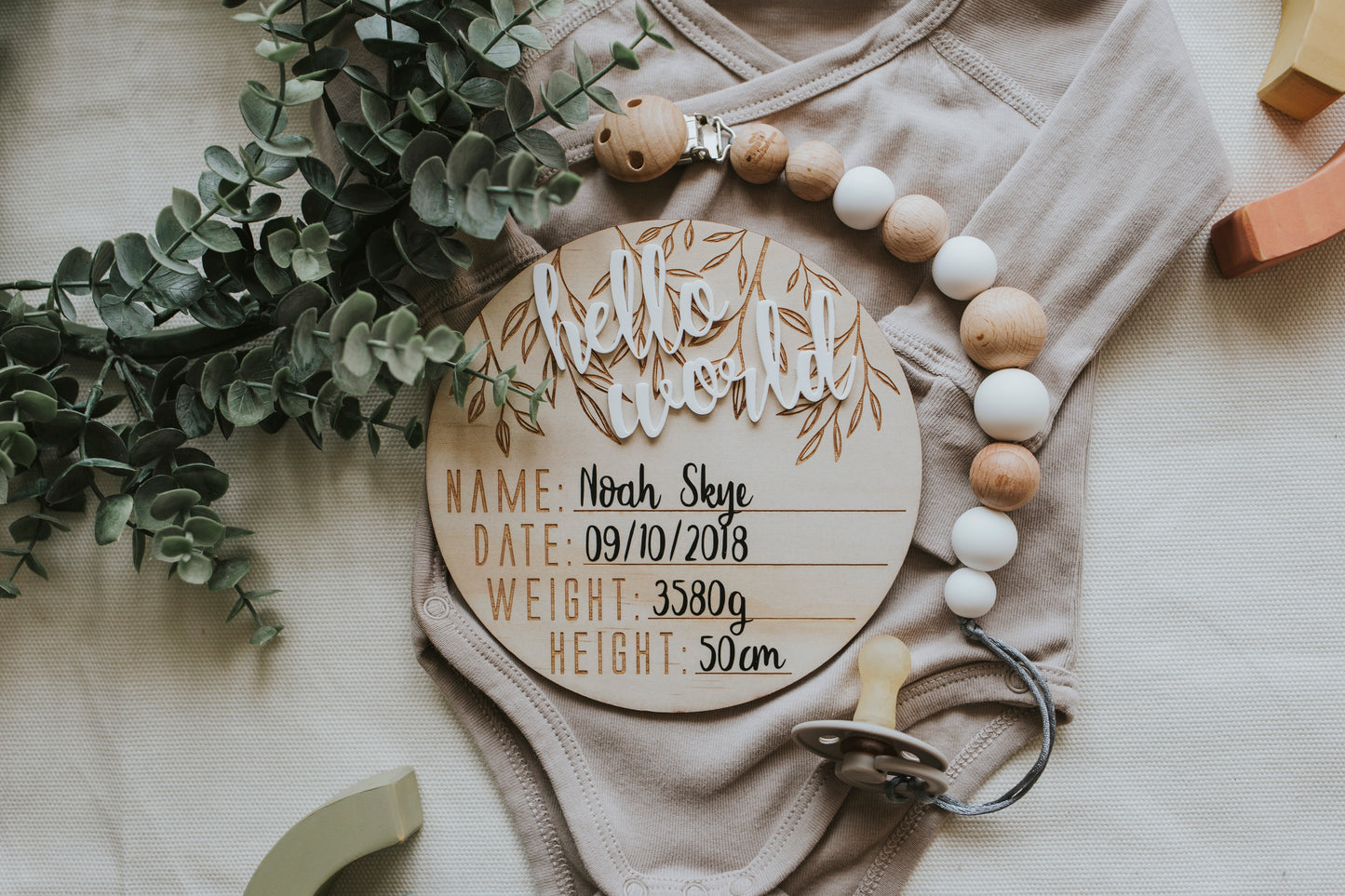 Wooden + Acrylic "Hello World' birth announcement disc