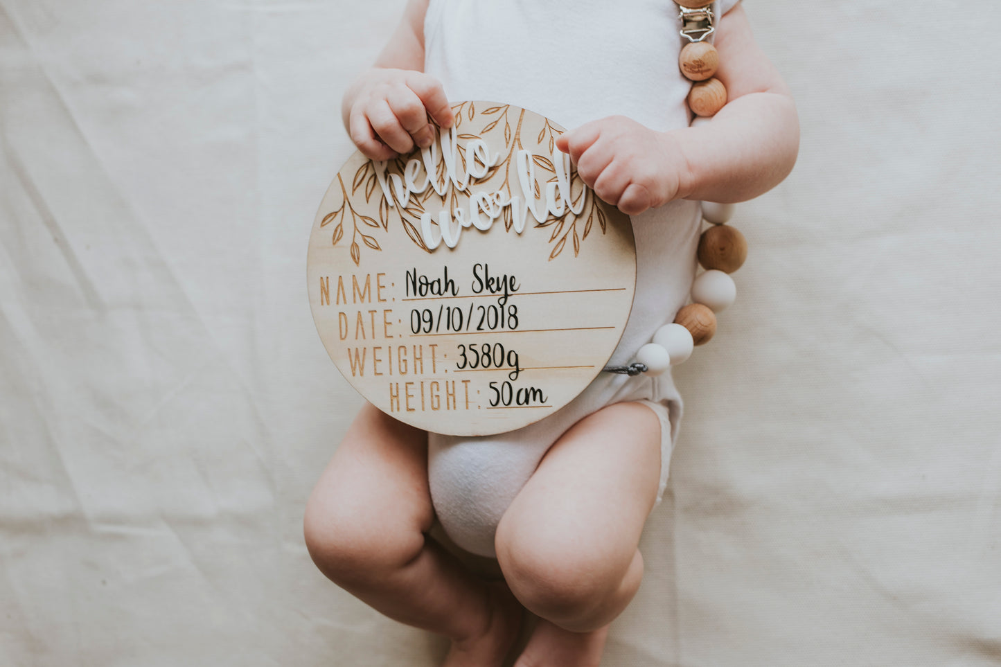 Wooden + Acrylic "Hello World' birth announcement disc