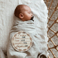Wooden “I’m here” birth announcement disc - Wreath