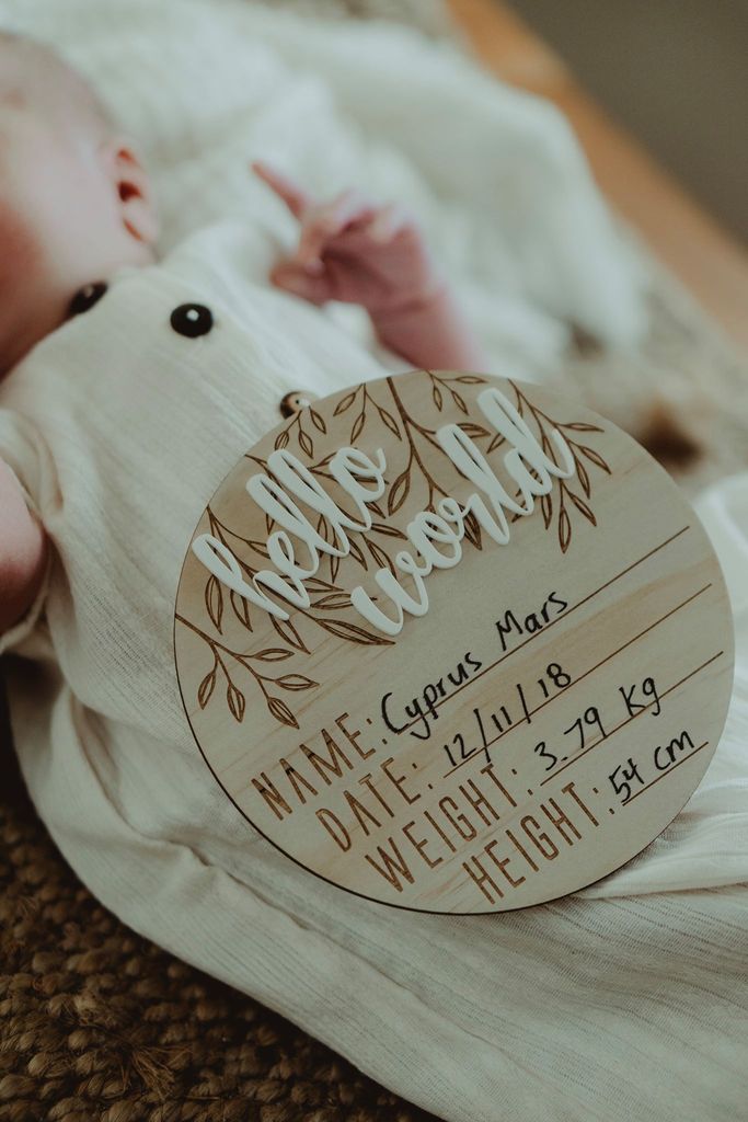 Wooden + Acrylic "Hello World' birth announcement disc